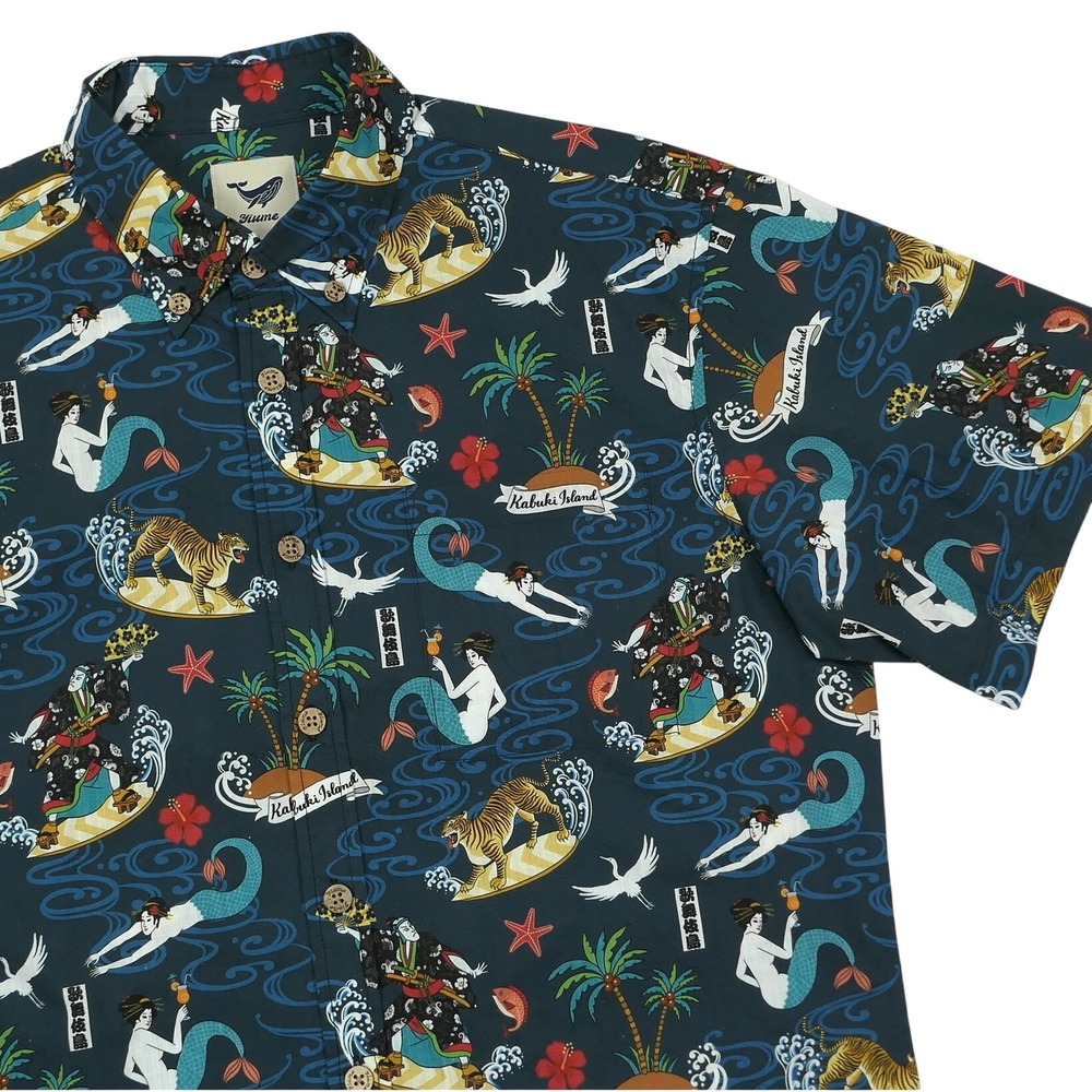 Yiume Mens M Kabuki Island Hawaiian Shirt Mermaid Geisha Tiger Japanese Culture